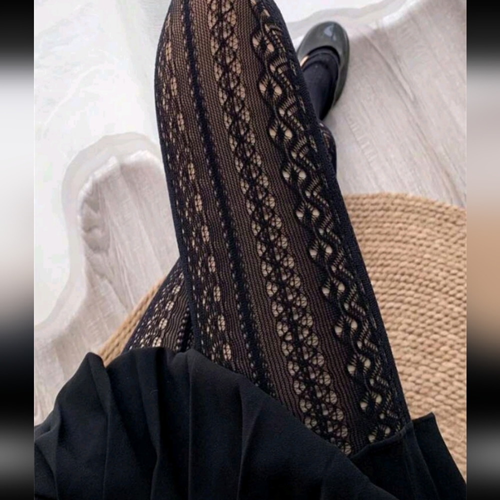 NWT, Black Patterned Lace Fishnet Tights, One Size